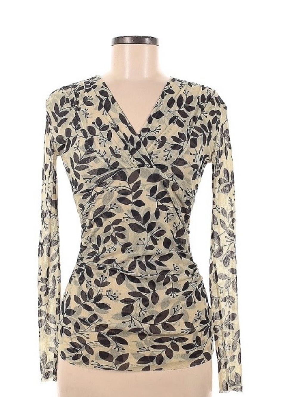 Sweet Pea Cream and Black Leaf Print Wrap-Style Long Sleeve Top